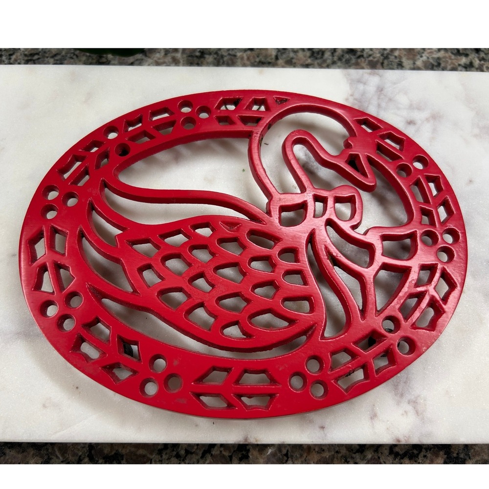 Red Cast Iron Bird Trivet Vintage Footed Wall Hanging Kitchen Decor